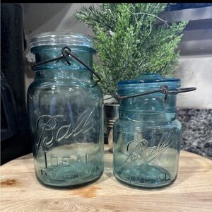 Vtg BALL Ideal Canning JAR Blue Glass Wire Bail Lid Pat. D July 14, 1908 Mason